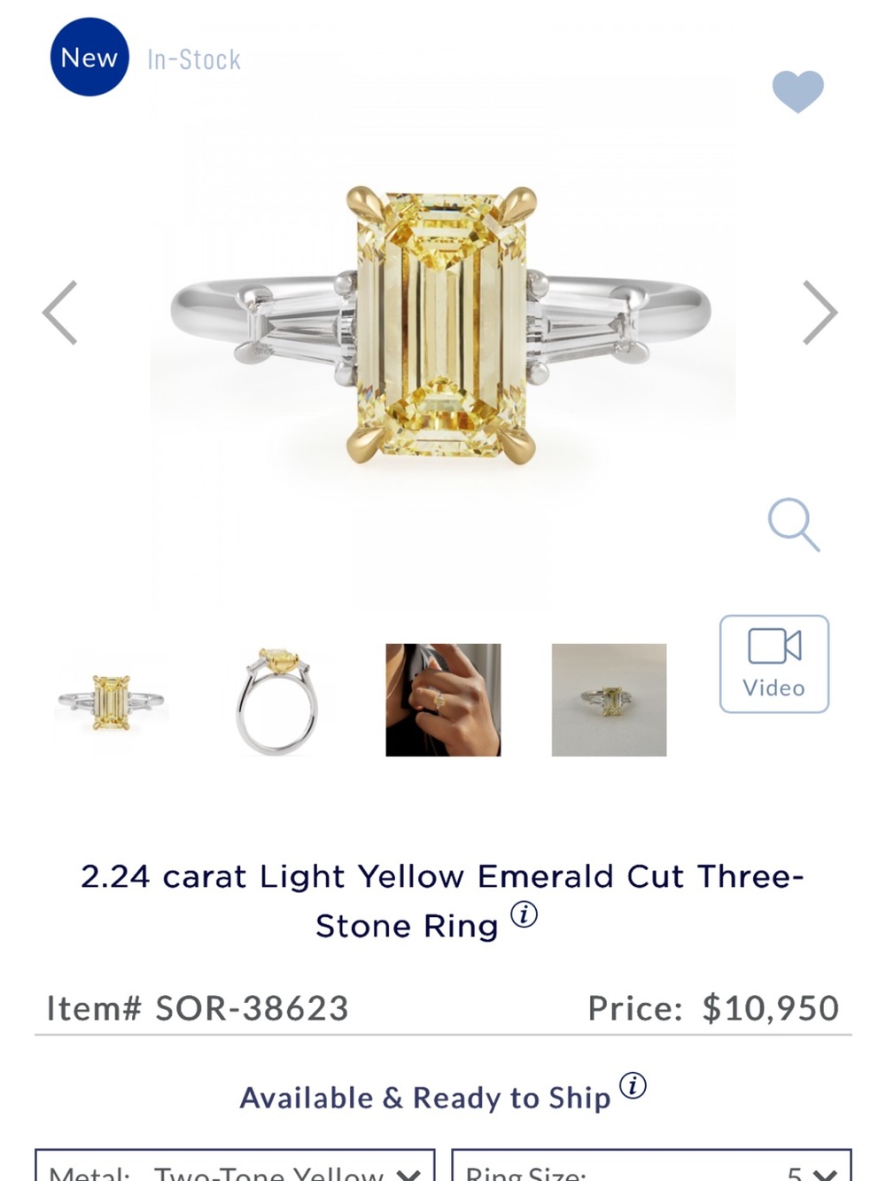 Two-Tone Light Yellow Emerald Cut Three-Stone Ring